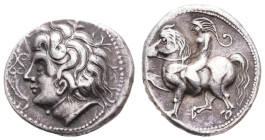 Antike Kelten
 Ungarn, Tetradrachme (12,51g), Ende 3. Jh. v. Chr., Typ Lysimachoskopf. Av: Kopf nach links. Rev: Reiter nach links. Slg. Flesche 529/...