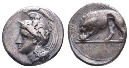 Antike Griechen
Lukanien Velia, Stater (7,28g), 300-280 v. Chr. Av: Behelmter Athenakopf nach links. Rev: Löwe nach links. SNG ANS 1321, s-ss.