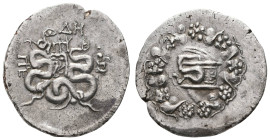 Antike Griechen
Mysia Pergamon, Cistophor (10,69g), ca. 166-67 v. Chr.. Av: Cista mystica im Efeukranz. Rev: Bogentasche zwischen zwei Schlangen. SNG...