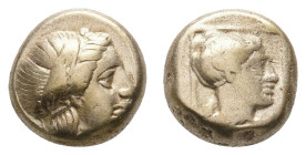 Antike Griechen
Lesbos Mytilene, Elektron-Hekte (2,53g), ca. 337-326 v. Chr. Av: Apollokopf nach rechts. Rev: Kopf der Artemis nach rechts. Bodensted...