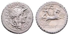 Antike Römer
Münzen Römische Republik L. Pomponius u.a., Serratus (3,82g), 118 v. Chr., Rom. Av: Romakopf nach rechts, darum Umschrift. Rev: Gallisch...