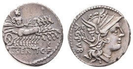 Antike Römer
Münzen Römische Republik L. Sentius C. f., Denar (3,88g), 101 v. Chr., Rom. Av: Romakopf mit Flügelhelm nach rechts, dahinter "ARG PVB"....