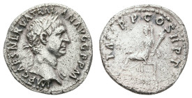 Antike Römer
Münzen Römische Kaiserzeit Trajanus, 98-117, Denar (3,24g), Rom. Av: Kopf nach rechts, darum Umschrift. Rev: Thronende Vesta mit Patera ...