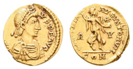 Antike Römer
Münzen Römische Kaiserzeit Honorius, 393-423, Tremissis (1,43g), Ravenna. Av: Büste nach rechts, darum Umschrift. Rev: Victoria mit Kran...