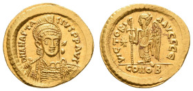Antike Byzanz
 Anastasius I., 491-518, Solidus (4,46g), Konstantinopel. Av: Büste mit Schild und Speer von vorn, darum Umschrift. Rev: Viktoria nach ...