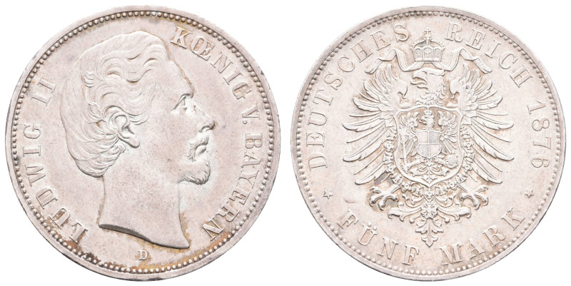 Silbermünzen des Kaiserreichs Bayern
 5 Mark, 1876, Ludwig II., kl. Rf., vz. J....