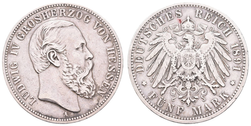 Silbermünzen des Kaiserreichs Hessen
 5 Mark, 1891, Ludwig IV., Randfehler, ss....