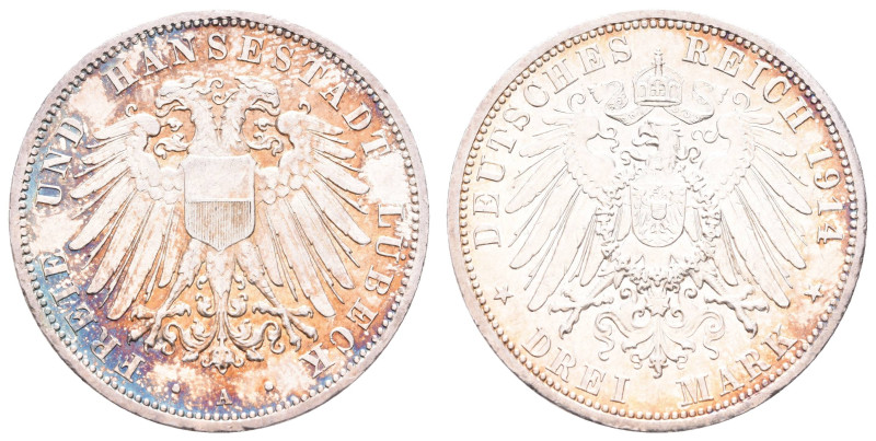 Silbermünzen des Kaiserreichs Lübeck
 3 Mark, 1913, wz. Rf., vz. J. 82