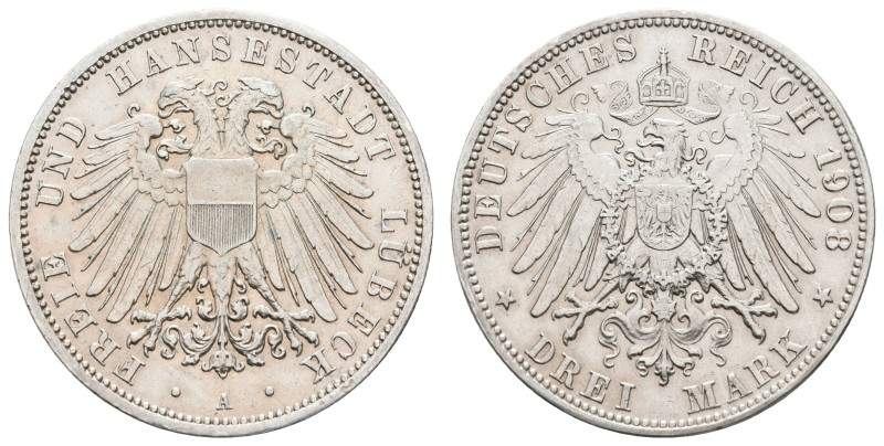 Silbermünzen des Kaiserreichs Lübeck
 3 Mark, 1908, ss-vz. J. 82