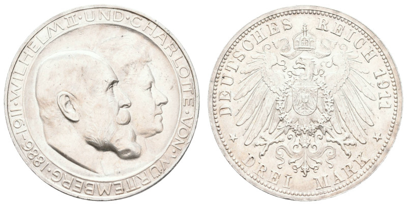 Silbermünzen des Kaiserreichs Württemberg
 3 Mark, 1911, Wilhelm II., zur Silbe...