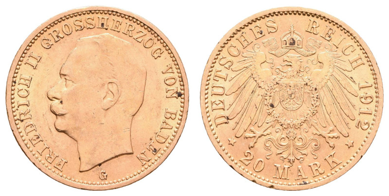 Goldmünzen des Kaiserreichs Baden
 20 Mark, 1912, Friedrich II., kl. Kratzer, R...