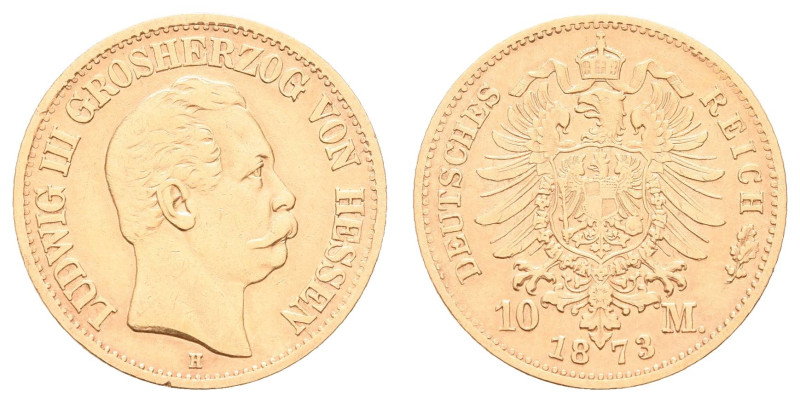 Goldmünzen des Kaiserreichs Hessen
 10 Mark, 1873, Ludwig III., kl. Rf., leicht...