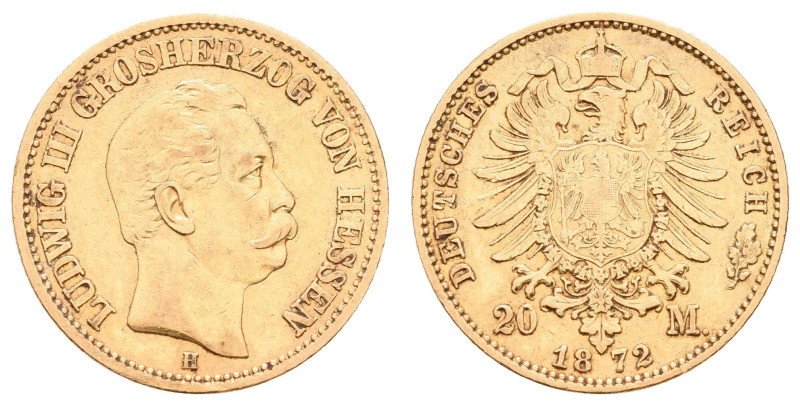 Goldmünzen des Kaiserreichs Hessen
 20 Mark, 1872, Ludwig III., kl. Rf., ss. J....