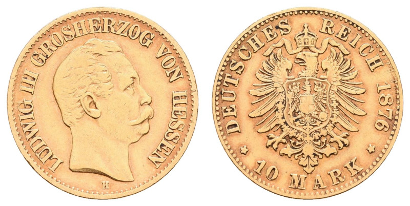 Goldmünzen des Kaiserreichs Hessen
 10 Mark, 1876, Ludwig III., kl. Rf., ss. J....