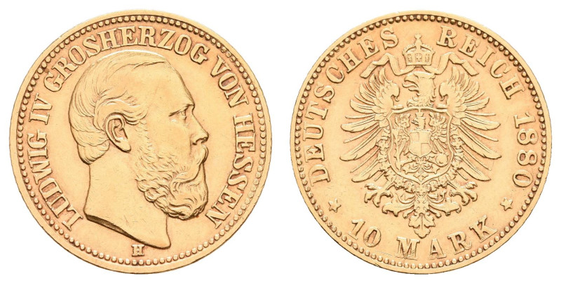 Goldmünzen des Kaiserreichs Hessen
 10 Mark, 1880, Ludwig IV., wz. Rf., ss. J. ...