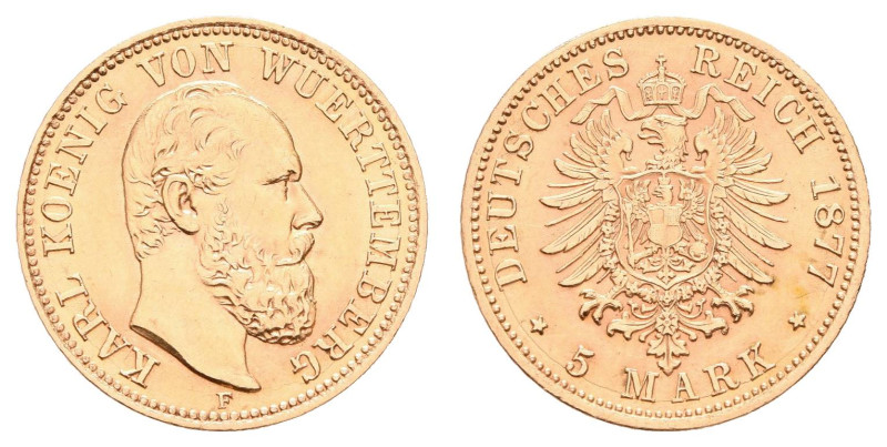 Goldmünzen des Kaiserreichs Württemberg
 5 Mark, 1877, Karl, vz. J. 291