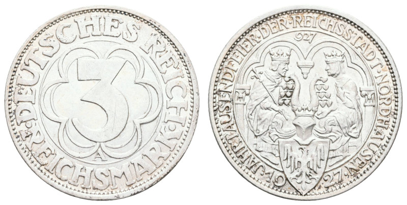 Münzen Weimar
 3 Reichsmark, 1927, Nordhausen, kl. Kratzer, vz-st. J. 327