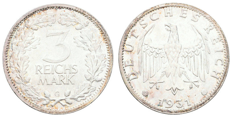 Münzen Weimar
 3 Reichsmark, 1931, G, wz. Rf., kl. Kratzer, vz-st. J. 349