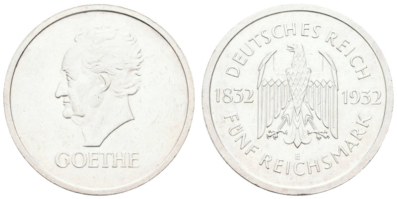 Münzen Weimar
 5 Reichsmark, 1932, E, Goethe, kl. Rf., kl. Kratzer, vz. J. 351