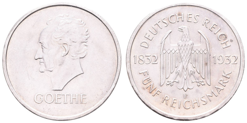 Münzen Weimar
 5 Reichsmark, 1932, F, Goethe, kl. Rf., kl. Kratzer, vz. J. 351