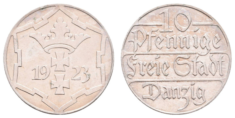 Münzen der deutschen Nebengebiete
 Danzig, 10 Pfennig, 1923, wz. Kr., PP. J. D ...