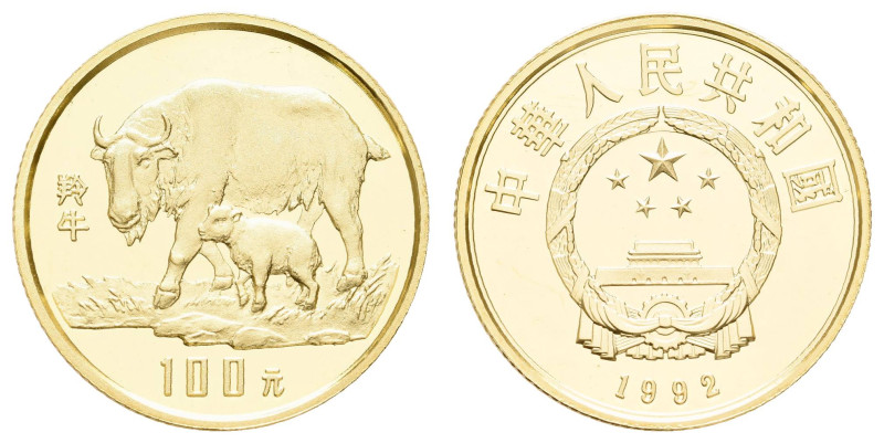 Europa und Übersee China Volksrepublik
 100 Yuan, 1992, Gold, Takin mit Jungtie...