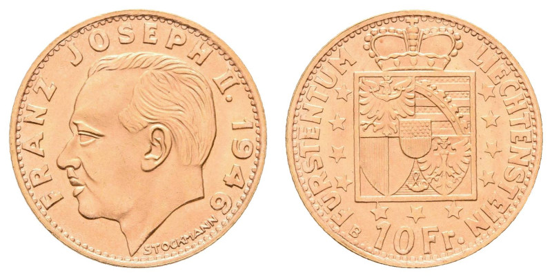 Europa und Übersee Liechtenstein
 10 Franken, Gold, 1946, Franz Joseph II., Fb....