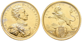 Medaillen Medaillen Ausland vor 1900
 Schweden, Karl XII., vergoldete Zinnmedaille (ca. 40,80mm, 15,11g), o.J., von G. Hautsch, auf die glorreichen S...