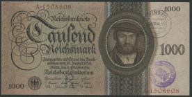 Banknoten Deutsche Reichsbanknoten 1874-1945
 Weimarer Republik, 1000 Reichsmark 11.10.1924 mit Gemeinde/Poststempel Luxemburg, Udr. R/ KN 7 stellig ...