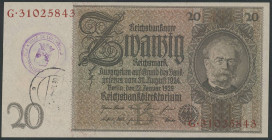 Banknoten Deutsche Reichsbanknoten 1874-1945
 Weimarer Republik , 20 Reichsmark 22.1.1929 mit Gemeindestempel Luxemburg, Udr. B/ KN 8 stellig Serie G...