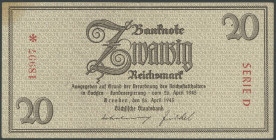 Banknoten Deutsche Reichsbanknoten 1874-1945
 III. Reich, Notausgaben 1945, Sächsische Staatsbank, 20 Reichsmark. 26.4.1945, KN 5stellig, Serie D, Pa...