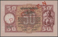 Banknoten Banknoten Deutsche Besetzung 2. Weltkrieg
 Ausgabe der Provinz Laibach, 50 Lire 14.9.1944, Musternote mit beidseitigem diagonalen Aufdruck ...