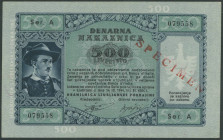 Banknoten Banknoten Deutsche Besetzung 2. Weltkrieg
 Ausgabe der Provinz Laibach, 500 Lire 14.9.1944, Musternote mit beidseitigem diagonalen Aufdruck...