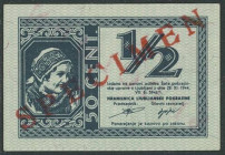 Banknoten Banknoten Deutsche Besetzung 2. Weltkrieg
 Sparkasse der Provinz Laibach 1944, 1/2 Lira 28.11.1944, Musternote mit beidseitigem diagonalen ...