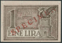 Banknoten Banknoten Deutsche Besetzung 2. Weltkrieg
 Sparkasse der Provinz Laibach 1944, 1 Lira 28.11.1944, Musternote mit beidseitigem diagonalen Au...