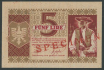 Banknoten Banknoten Deutsche Besetzung 2. Weltkrieg
 Sparkasse der Provinz Laibach 1944, 5 Lire 28.11.1944, Musternote mit beidseitigem diagonalen Au...