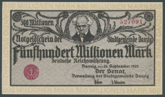 Banknoten Geldscheine der deutschen Kolonien
 Deutsche Nebengebiete-Freie Stadt Danzig, 500 Mio. Mark 26.9.1923, Ro. 807b/ P28, kassenfrisch, Erh. I/...