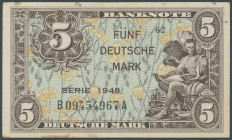 Banknoten Geldscheine Bank deutscher Länder
 Alleierte Besatzung, BDL 1948/49, 5 Mark 1948 B/A. Ros.WBZ-4a, Ros. 236a, Papier vergelbt, Erh. VF, III....