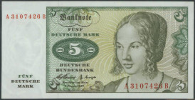 Banknoten Geldscheine Deutsche Bundesbank
 5 Deutsche Mark 2.1.1960, Ser. A/B, sehr selten, Ro. 262a, Erh. I