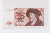 Banknoten Geldscheine Deutsche Bundesbank
 500 Deutsche Mark 1.6.1977, Austauschnote, Serie Y3122245A. Ro. 279b/ P35b, II zerknittert, leichter senkr...