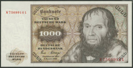 Banknoten Geldscheine Deutsche Bundesbank
 1000 Deutsche Mark 2.1.1980, Rev. links unten mit Copy, Ser. W/L, Ros. 291a/P35c, Erh. I.