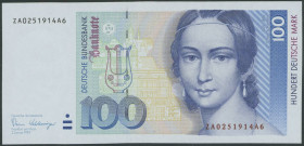 Banknoten Geldscheine Deutsche Bundesbank
 100 Deutsche Mark 2.1.1989, Austauschnote, Ser. ZA/A, Ros. 294b/P42, Erh. I., selten.