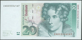 Banknoten Geldscheine Deutsche Bundesbank
 20 Deutsche Mark 1.8.1991, Austauschnote Serie ZA/ A, Ro. 298b, Erh. I/ unc.