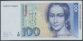 Banknoten Geldscheine Deutsche Bundesbank
 100 Deutsche Mark 1.8.1991, Austauschnote Serie ZA/ D, Ro. 300b, Erh. I/ unc.