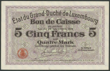 Banknoten Banknoten Europa
 Luxemburg, Großherzoglich luxemburgischer Staat, Kassenschein, 5 Francs, 28.11. 1914, mit einer Unterschrift, P. 23, Erh....