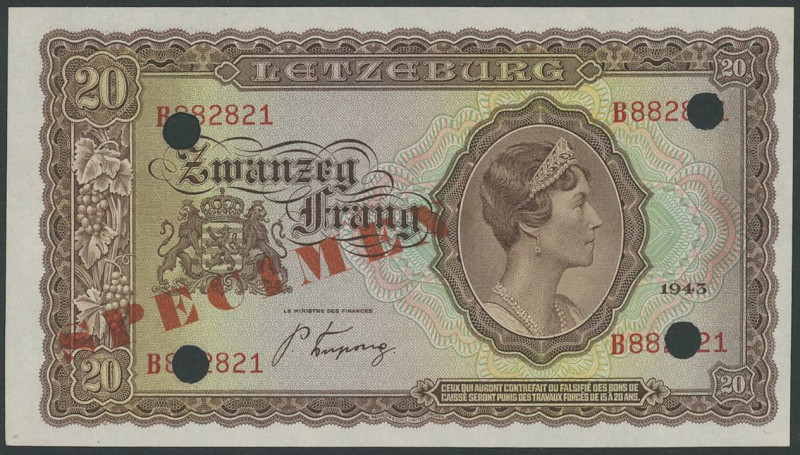 Banknoten Banknoten Europa
 Luxemburg, 20 Francs 1943, Specimen, Ser. B, entwer...