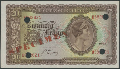 Banknoten Banknoten Europa
 Luxemburg, 20 Francs 1943, Specimen, Ser. B, entwertet, P. 42s. Erh. I.