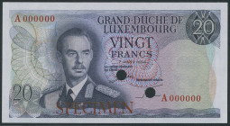 Banknoten Banknoten Europa
 Luxemburg, 20 Francs 7.3.1966 Specimen, Serie A000000, P 54s, gelocht, kassenfrisch. I