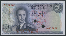 Banknoten Banknoten Europa
 Luxemburg, 20 Francs 7.3.1966 Specimen, Serie A000000, P 54s, gelocht, kassenfrisch. I