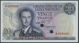 Banknoten Banknoten Europa
 Luxemburg, Grand Duché de Luxemburg, 20 Franc 7.3.1966, Specimen, gelocht, P. 54s, Erh. I